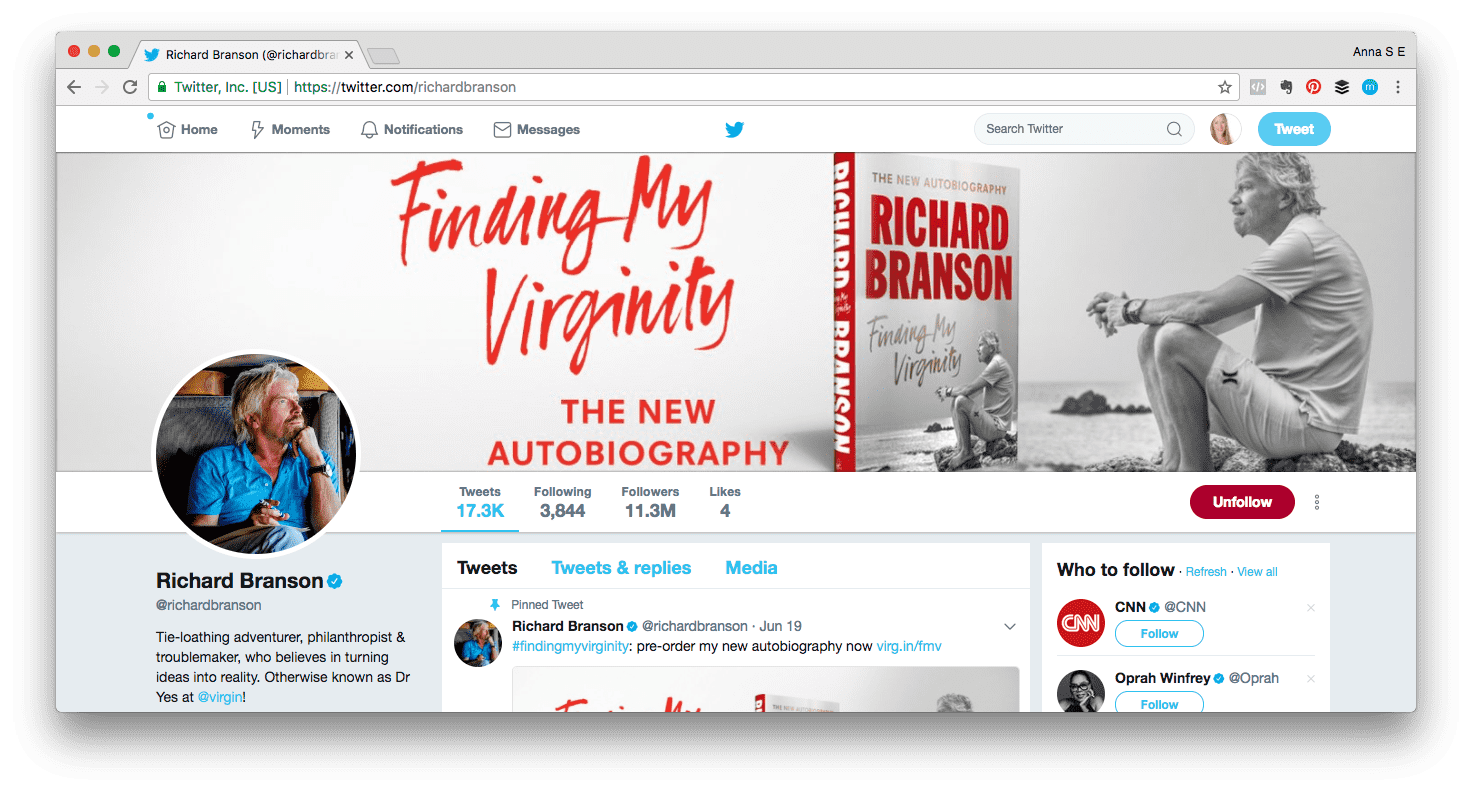Personal brand example: Screen shot of Richard Branson&rsquo;s Twitter profile