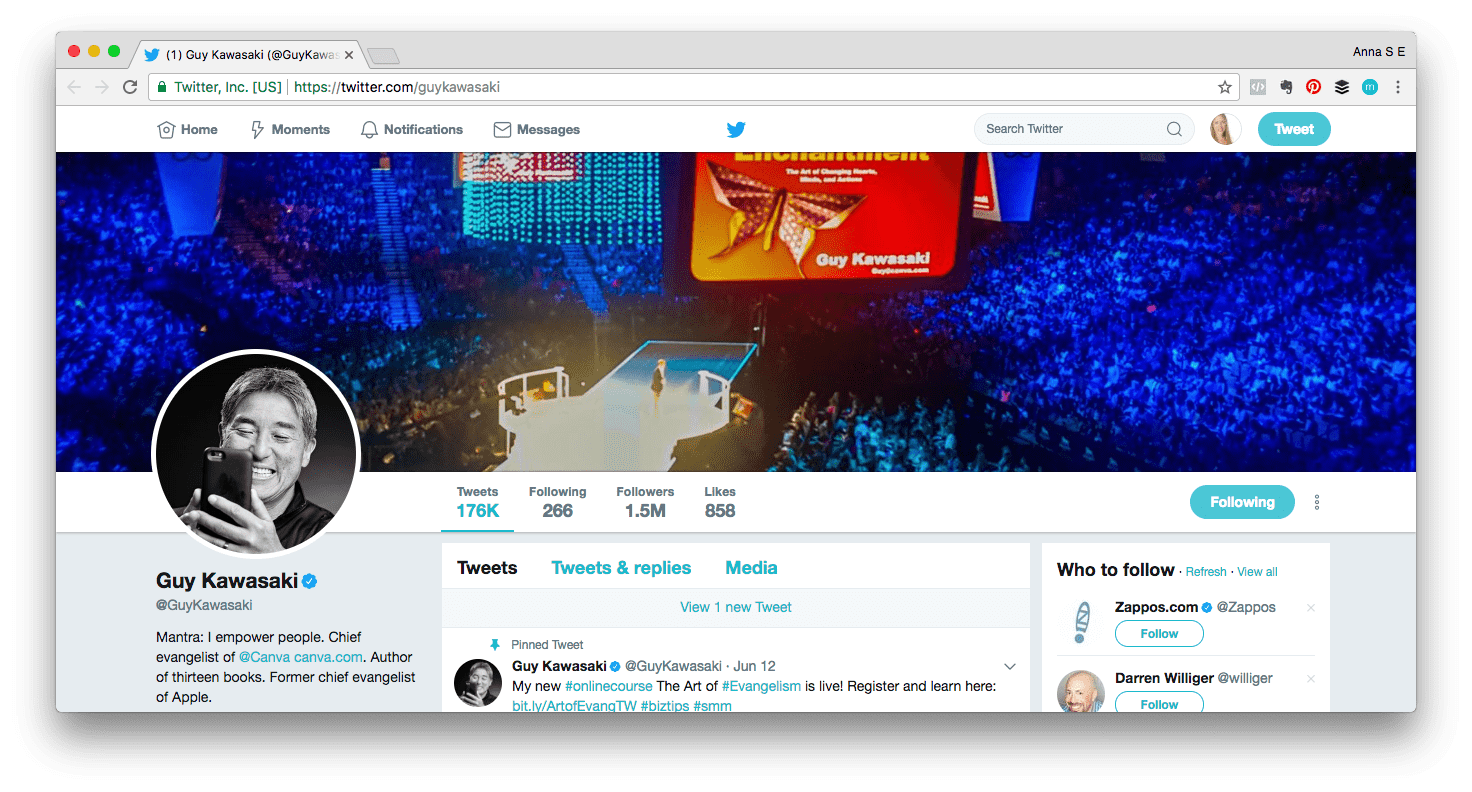 Personal brand example: Screenshot of Guy Kawasaki&rsquo;s Twitter profile