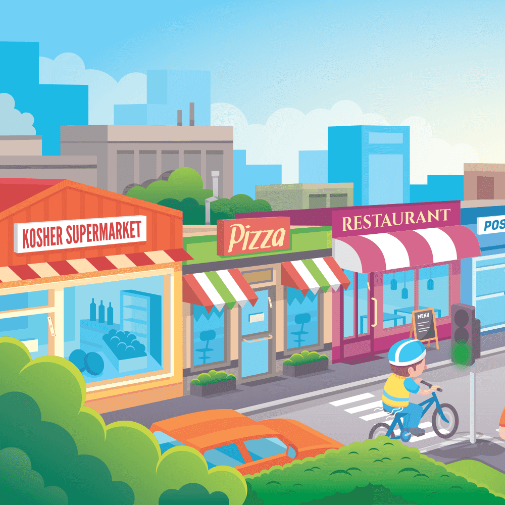 a supermarket, a pizza shop and a restaurant