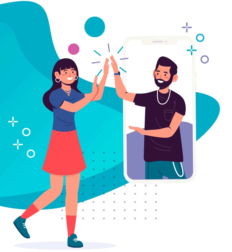 Illustration d'un client et d'une marque communiquant par smartphone