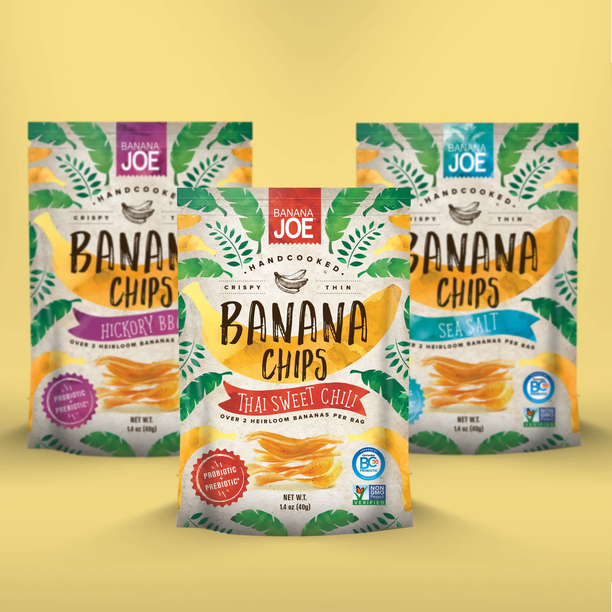 Design d'emballage illustr&eacute; et plein de couleurs pour une marque de chips &agrave; la banane