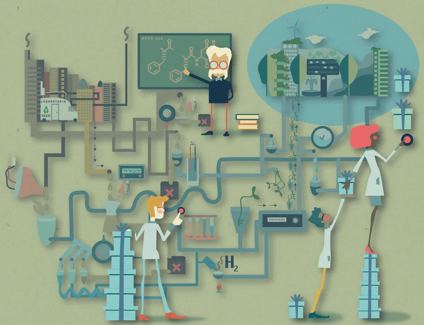 Illustration flat de scientifiques travaillant ensemble sur un projet complexe
