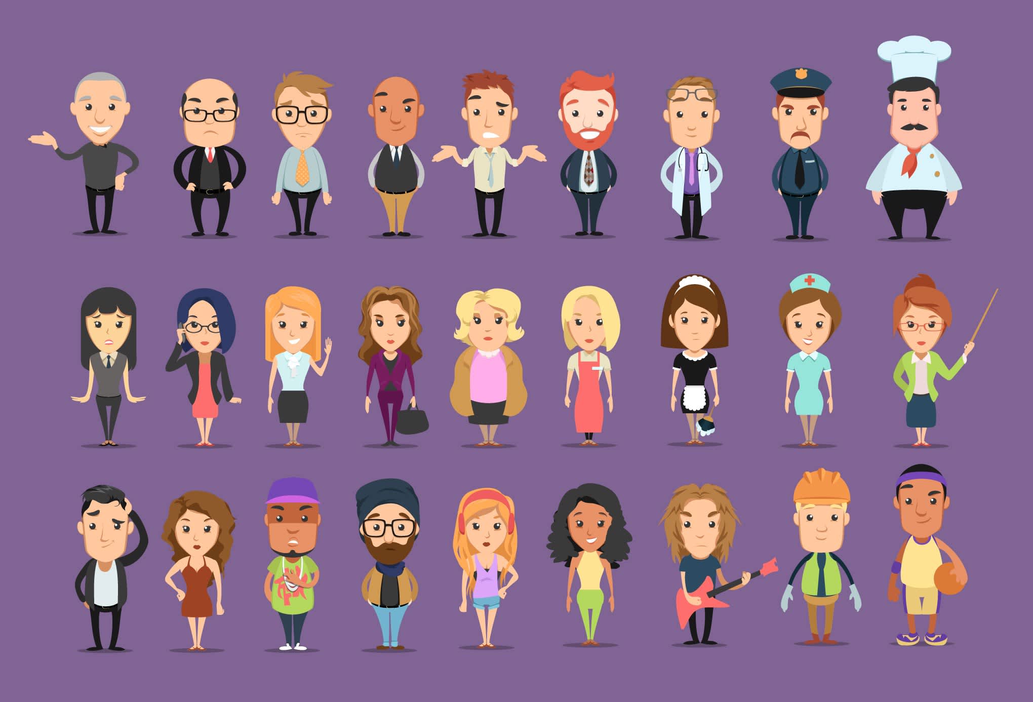 Illustration en flat design de personnages de diff&eacute;rents m&eacute;tiers