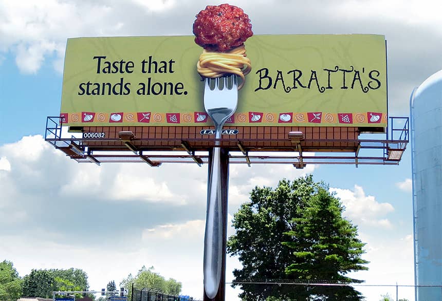 Un exemple de publicit&eacute;s originales sur un panneau publicitaire pour Baratta
