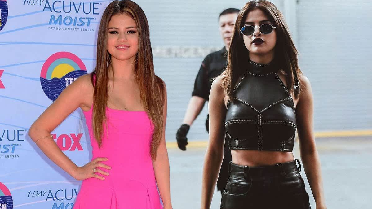 Deux images de Selena Gomez c&ocirc;te &agrave; c&ocirc;te, l'une en rose et l'autre en noir