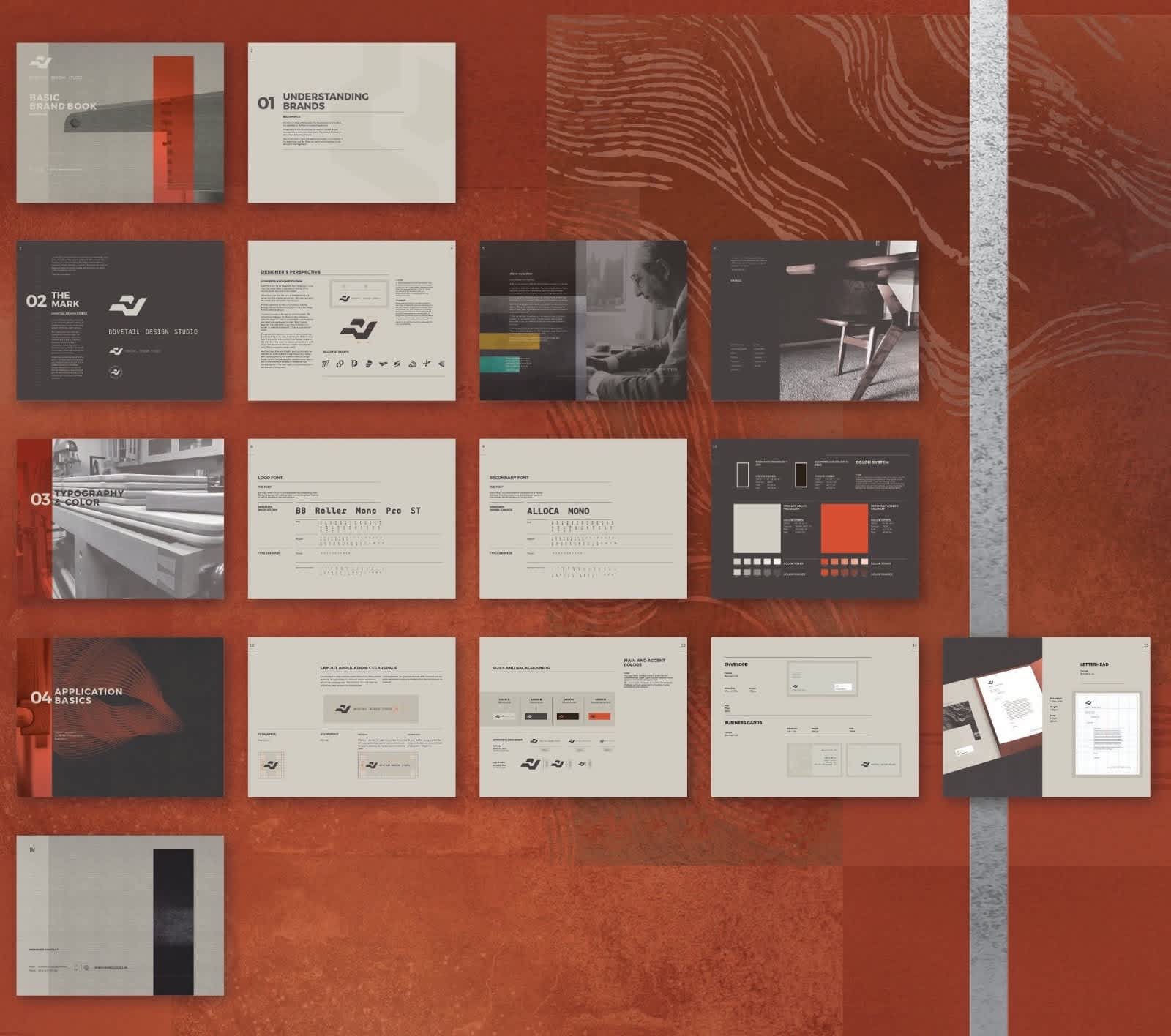 Guide de marque sur fond orange repr&eacute;sentant l'identit&eacute; visuelle d'une marque