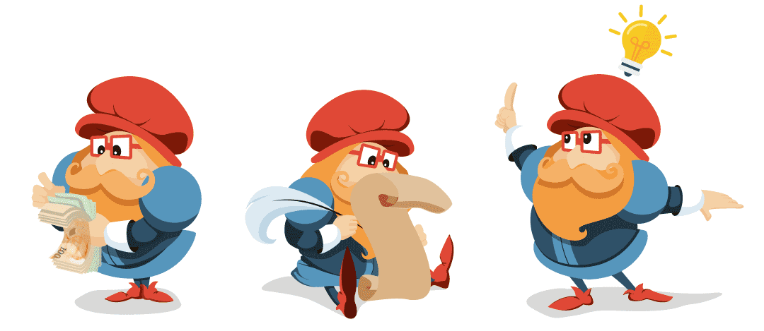 Illustration d'un personnage m&eacute;di&eacute;val, en train de r&eacute;diger une id&eacute;e et de gagner de l'argent