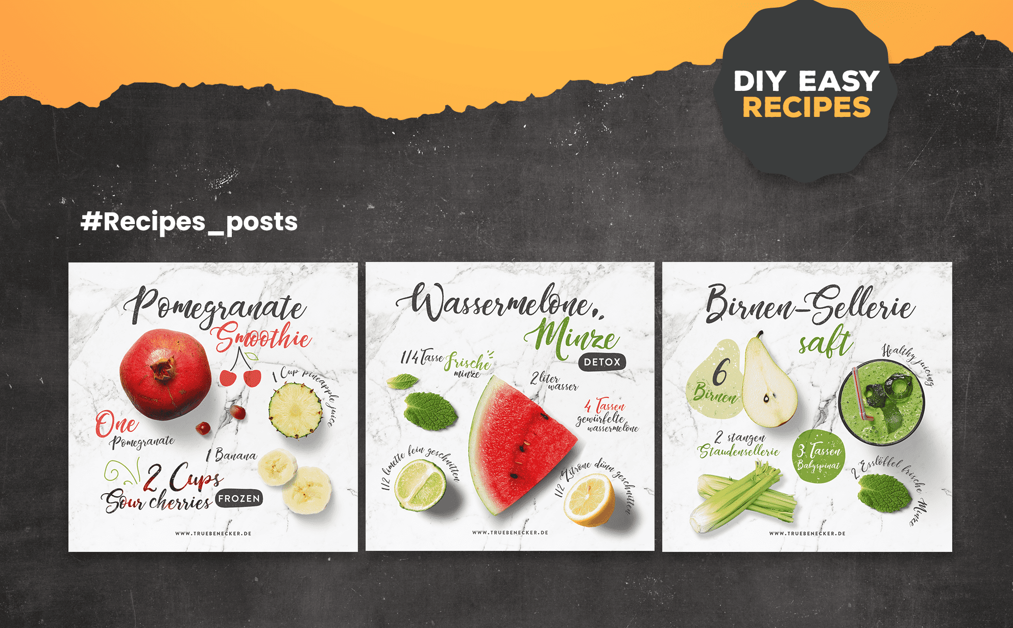 Une s&eacute;rie de designs color&eacute;s pour Instagram pour un march&eacute; de fruits et l&eacute;gumes.